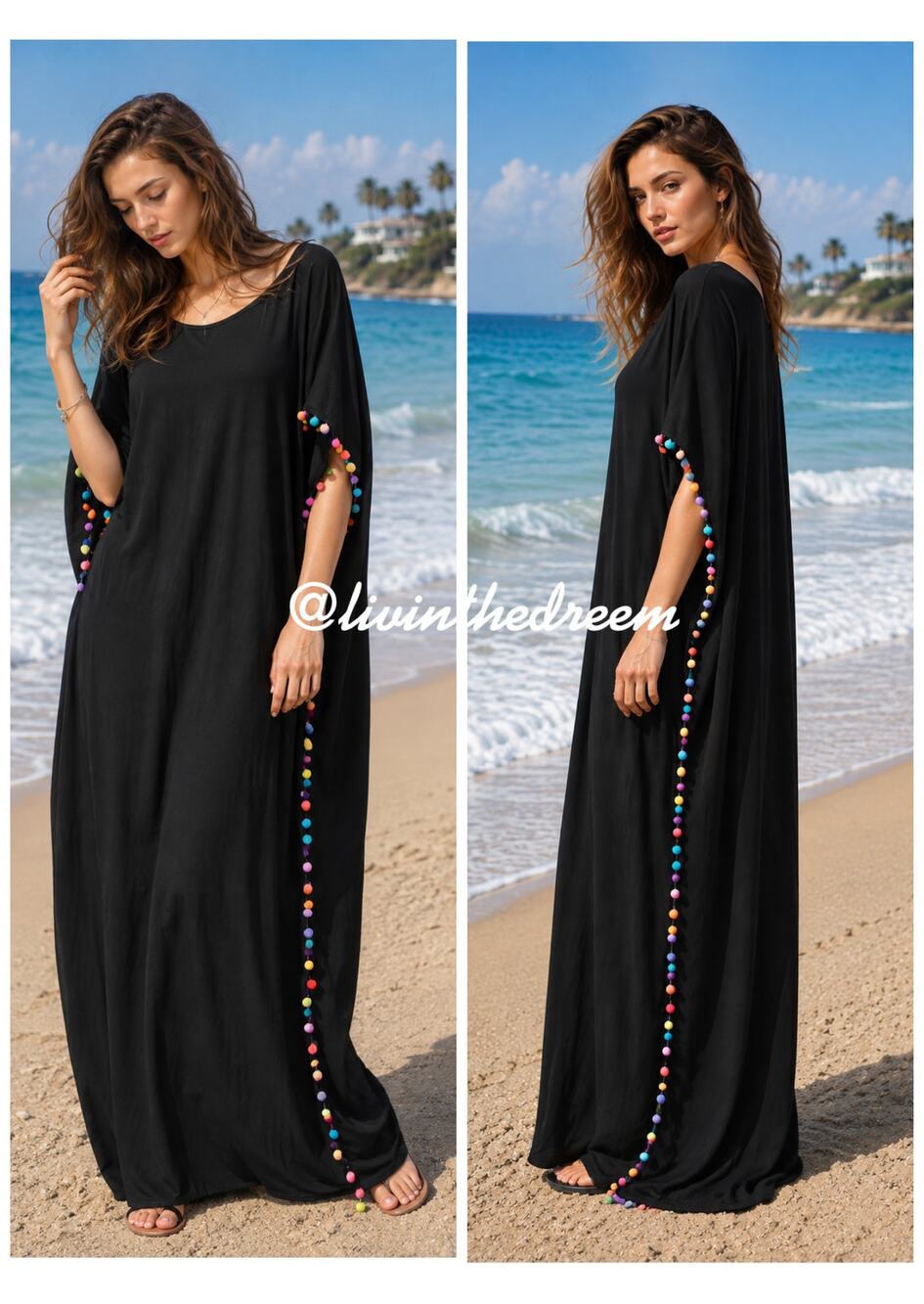 PITUSA  Black Pink Pom Pom  Caftan Long Caftan Size Petite $129